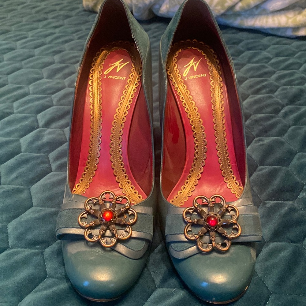 Teal Leather Floral-Embellished Heels